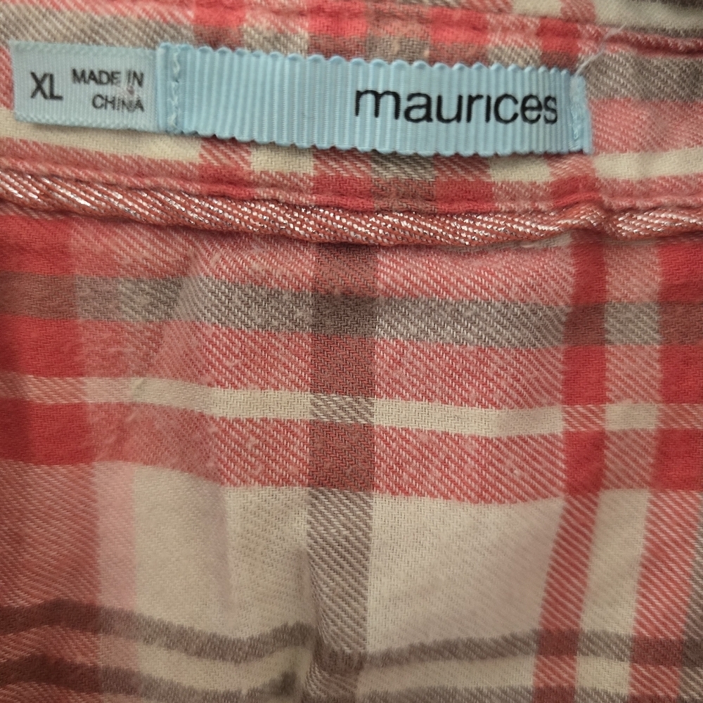 Maurices Red Cream Plaid Flannel Shirt XL Women’s Long Sleeve Button Down Top 💵 - Picture 2 of 3